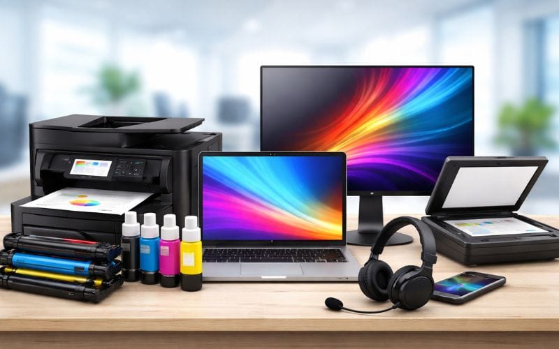 Office IT hardware: printer, laptop, monitor, headset and scanner