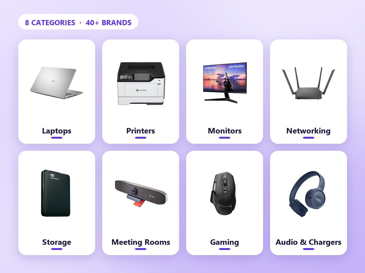 Every IT category from one computer wholesaler in Dubai: laptops, printers, monitors, networking, storage, meeting rooms, gaming and audio